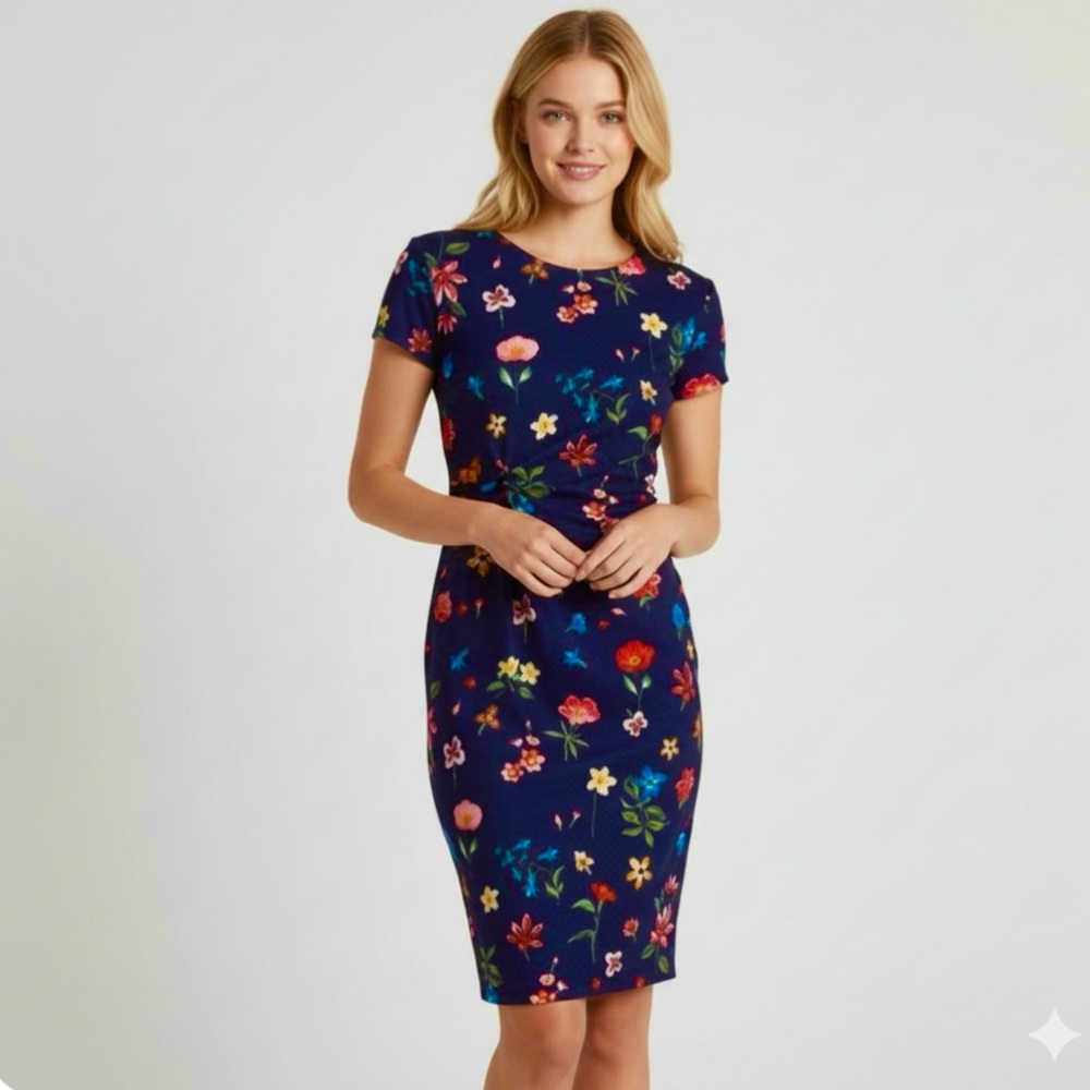 T Tahari Dress Navy Blue Floral Knot Waist  Sheath 6 Garden Party Classic